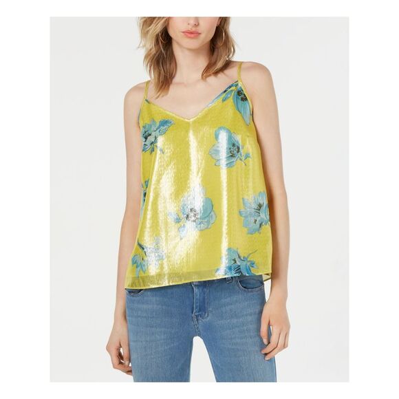 BAR III Tops - BAR III Womens Yellow Metallic Floral Spaghetti Strap V Neck Tank Top Size: XXS